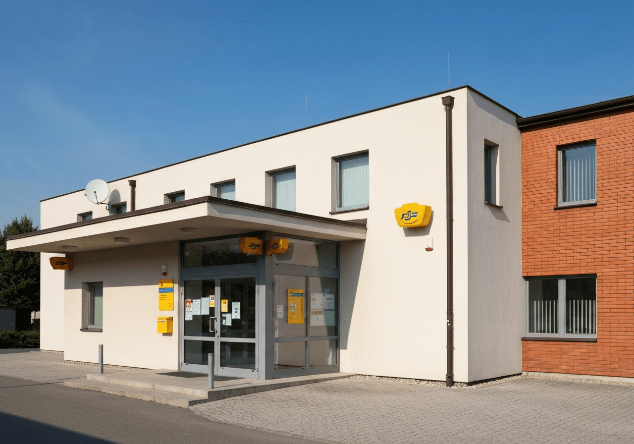 A professional, clean exterior of a local post office building in Jablonné nad Orlicí, Czech architecture, bright daylight, editorial photography, 85mm lens, high resolution, no text, no letters