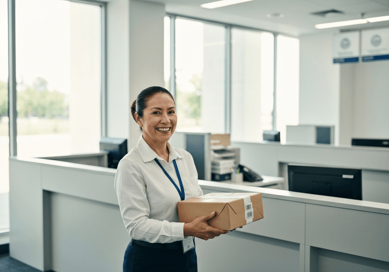 Editorial photography, a clean and professional post office interior, customer holding a package with a smile, soft natural light streaming through windows, 85mm lens, highly detailed, no text, no letters