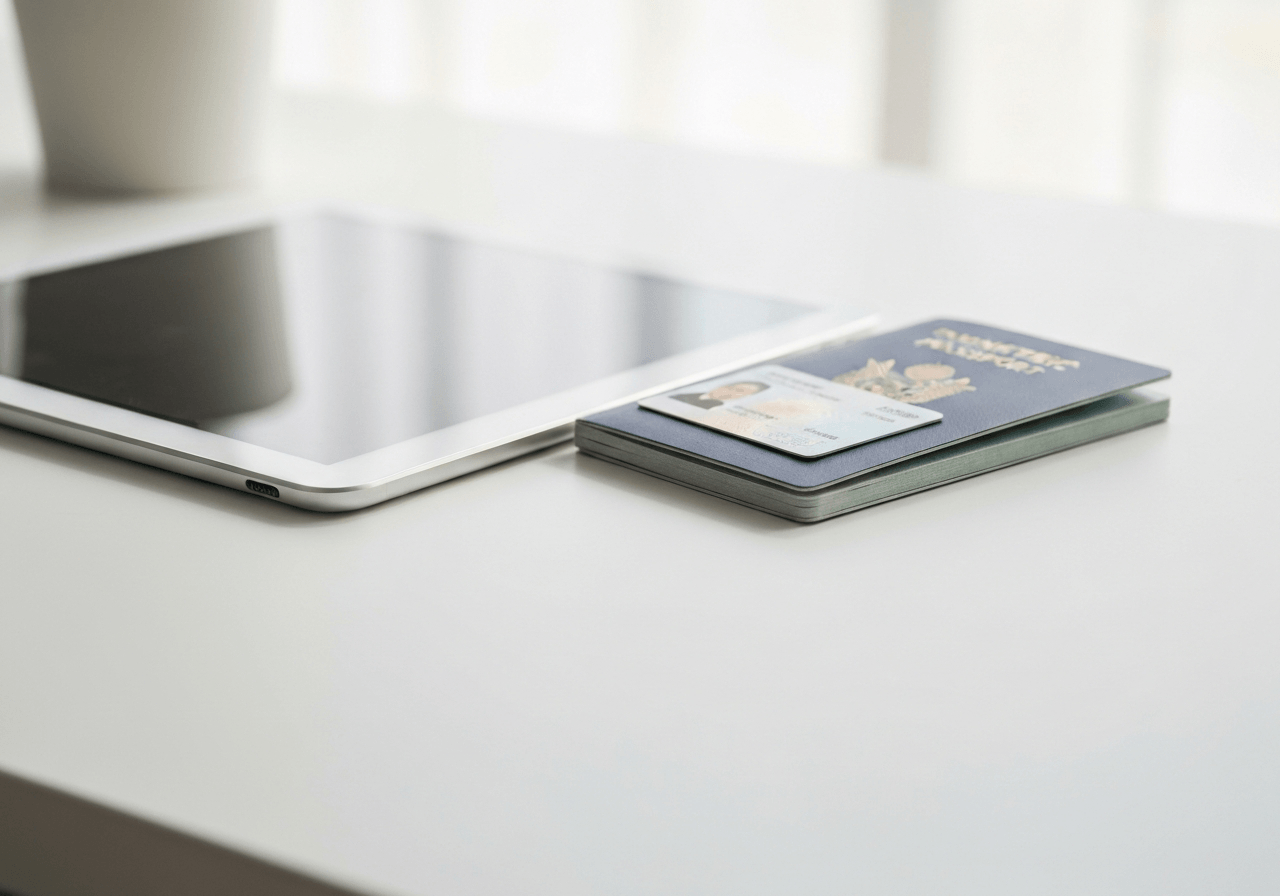 A close-up of a modern biometric passport and a professional ID card lying on a clean white desk next to a digital tablet, soft natural light, editorial photography, 85mm lens, highly detailed, no text, no letters, professional and secure atmosphere