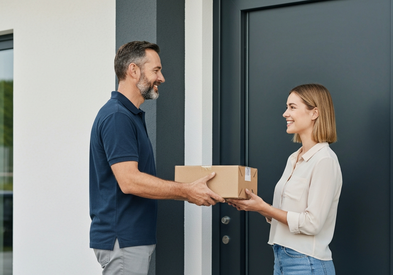 A professional courier handing a package to a customer at a modern doorstep, bright and clean environment, editorial photography style, soft natural light, shallow depth of field, 85mm lens, no text, no words, no letters.