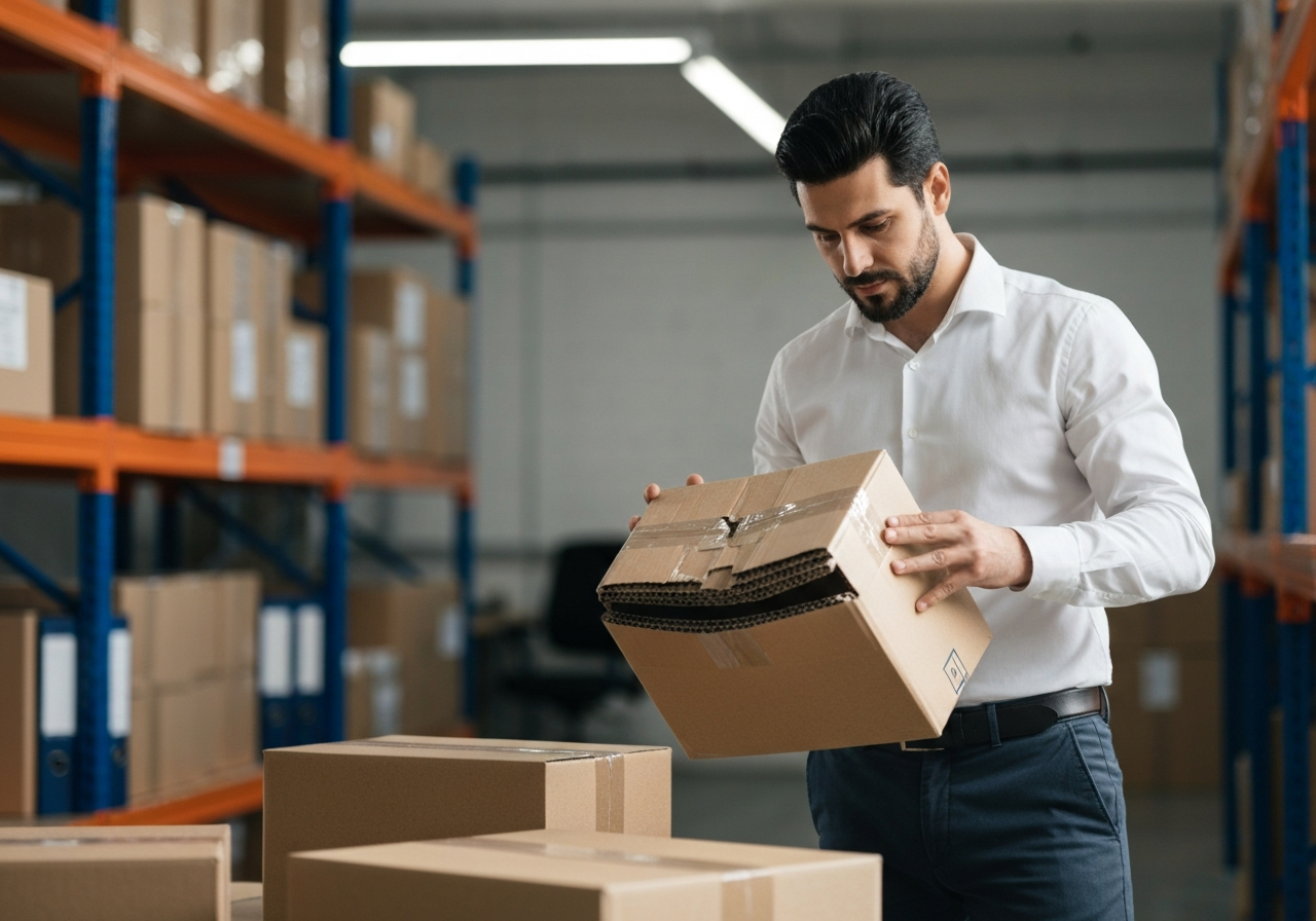 A professional logistics expert carefully inspecting a corrugated cardboard parcel for damage in a bright, modern warehouse office, soft natural light, shallow depth of field, 85mm lens, high resolution, professional atmosphere, no text, no letters