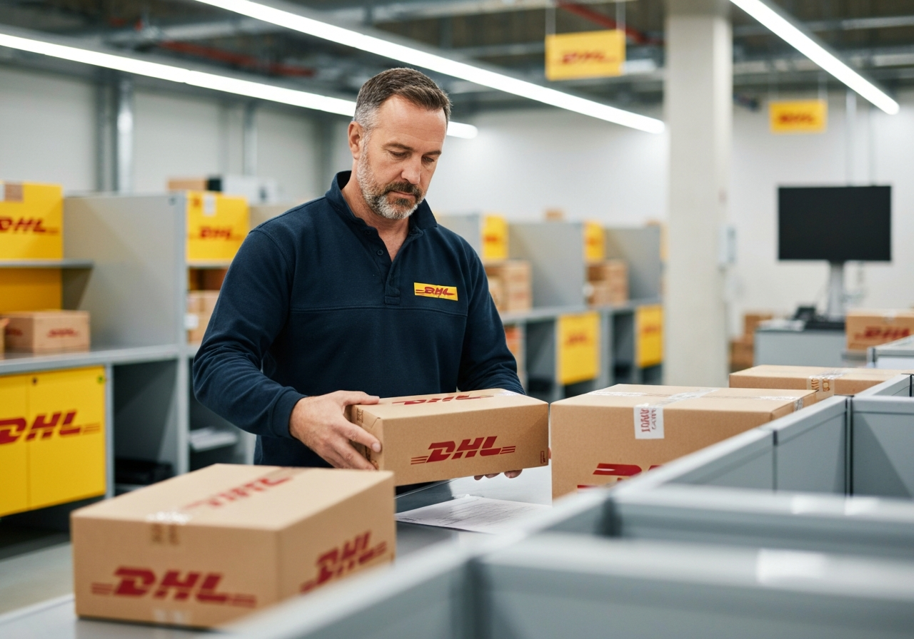 A professional DHL courier sorting premium parcels in a high-tech modern sorting facility, clean industrial background with yellow and red branding colors, soft natural light, depth of field, 85mm lens, highly detailed, professional editorial photography, no text, no letters