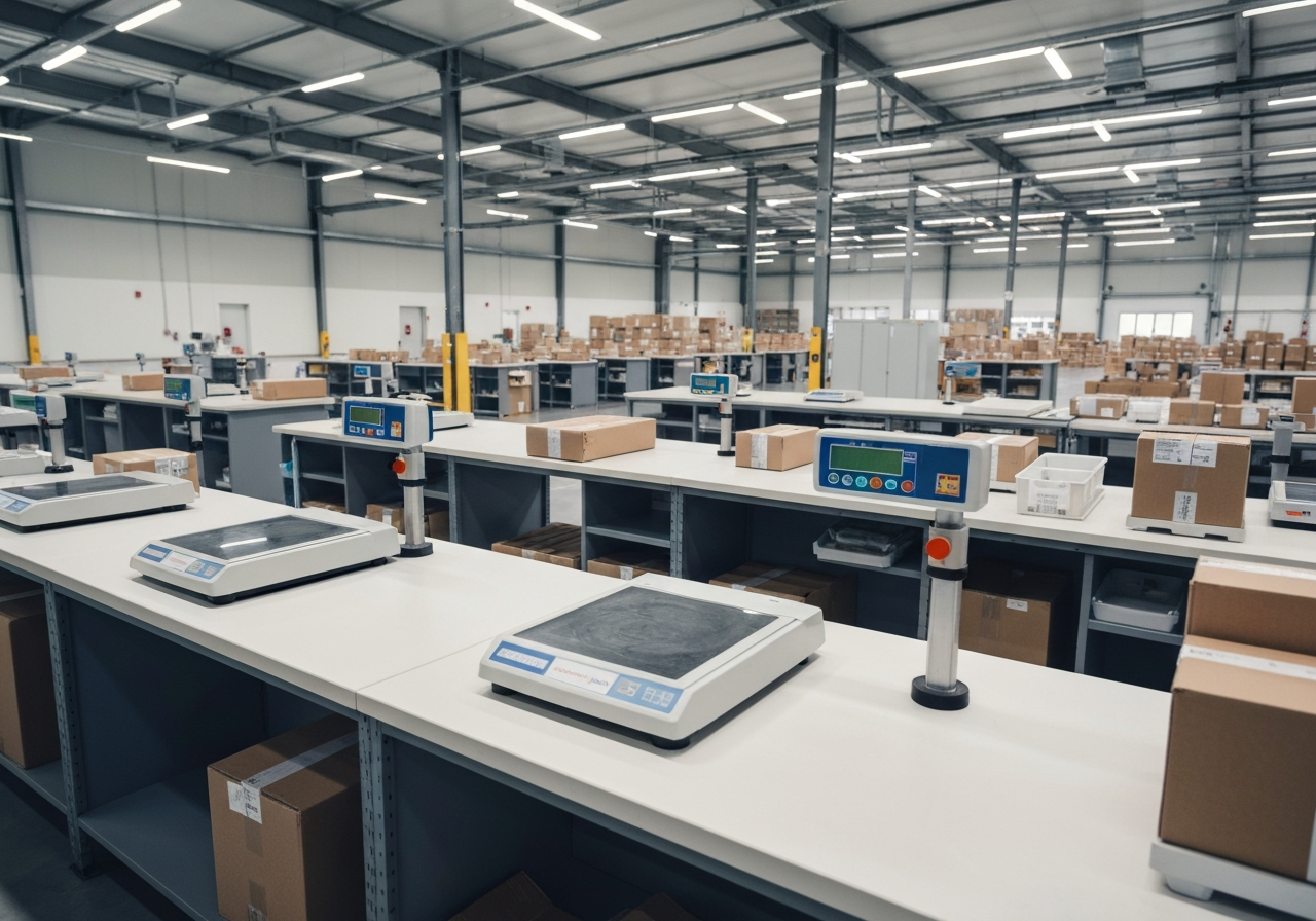 High-angle professional photography of a modern logistics warehouse, a clean workspace with digital scales and high-precision measuring tools for parcels, soft natural daylight, shallow depth of field, 85mm lens, premium industrial aesthetics, no text, no words, no letters