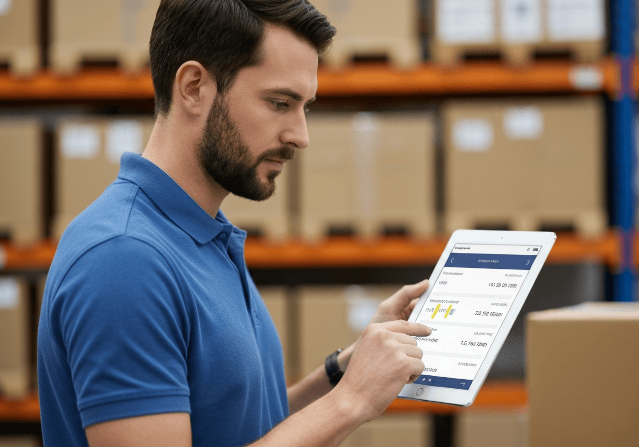 A professional logistics warehouse manager using a clean, modern digital dashboard on a tablet, focusing on shipping labels and parcel tracking, editorial photography, soft natural light, 85mm lens, high-end corporate aesthetic, no text, no words, no letters