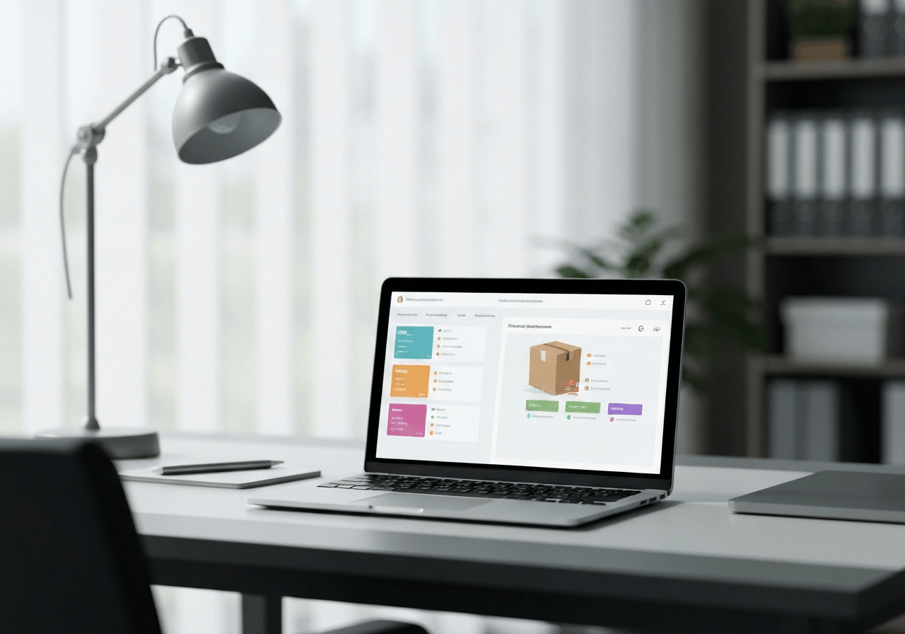 A professional logistics workspace with a clean, minimalist desk, a modern laptop displaying a parcel management interface, soft natural lighting, high-end editorial photography style, 85mm lens, no text, no words, no letters.