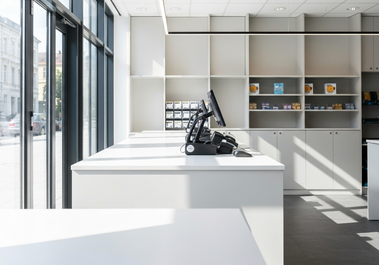 A professional logistics delivery station, a modern PPL Parcelshop interior with clean counters and shelves, bright urban environment, editorial photography, soft natural light, 85mm lens, highly detailed, no text, no letters