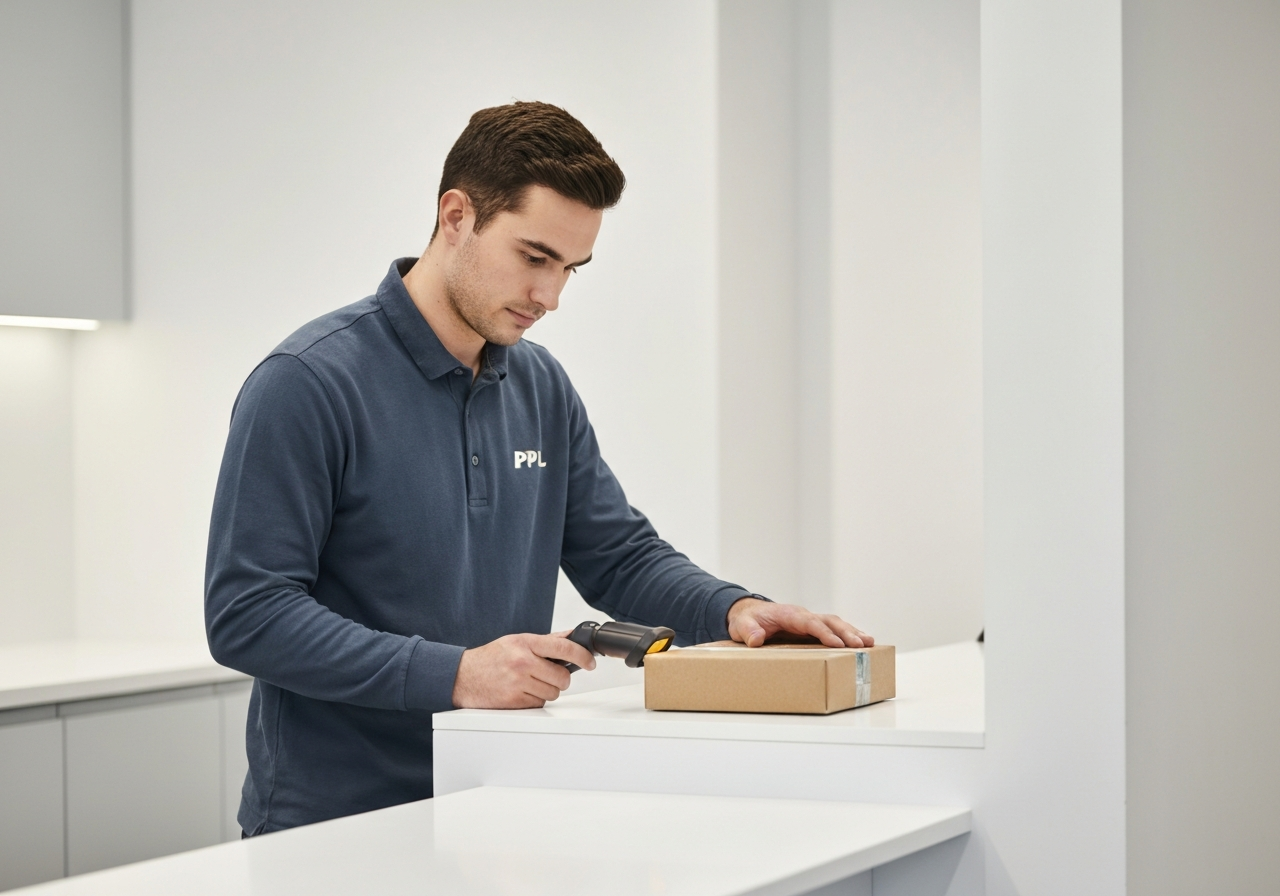 A professional logistics worker scanning a package at a modern PPL Parcelshop counter, clean minimalist aesthetic, high-end editorial photography, soft natural light, shallow depth of field, 85mm lens, no text, no letters.