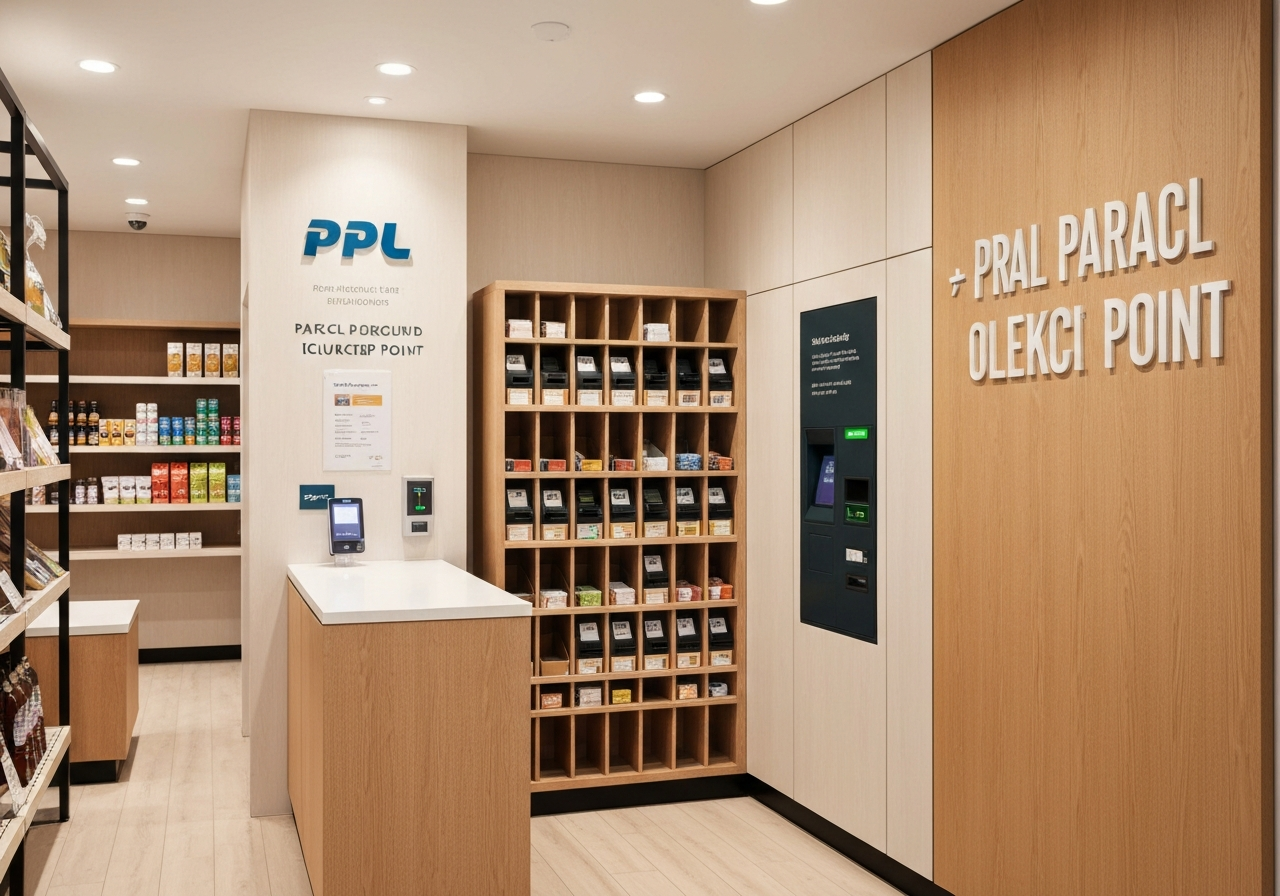 A neat, organized PPL parcel pickup point in a small modern shop, warm interior design, professional editorial photography, soft natural lighting, 85mm lens, high resolution, no text, no words, no letters.