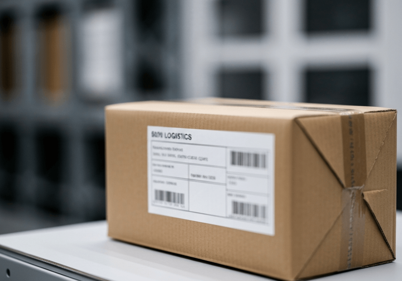 A professional logistics warehouse setting with a close-up of a parcel with a blurred shipping label, focus on the logistics process, clean minimalist background, Editorial photography, 85mm lens, soft natural lighting, no text, no letters