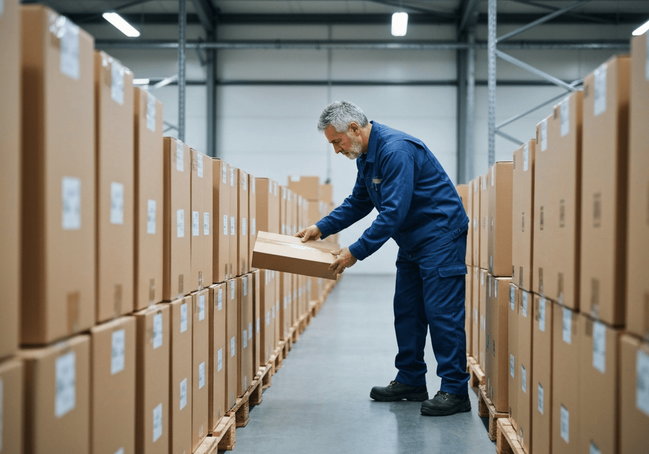A professional warehouse worker inspecting rows of assorted cardboard shipping boxes, clean industrial environment, soft natural light, editorial photography style, 85mm lens, depth of field, no text, no words, no letters.