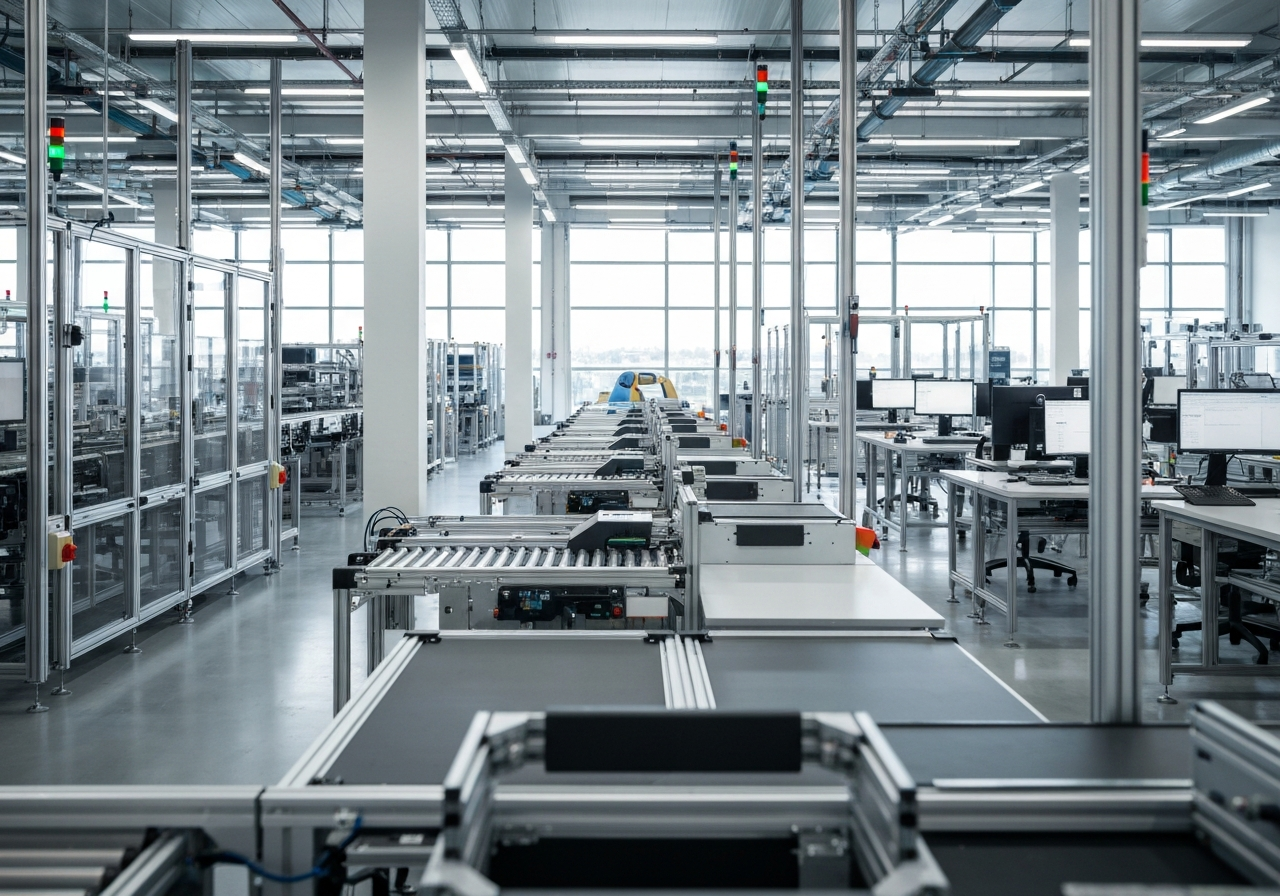 A high-tech logistics center interior with modern automation equipment and sleek workstations, soft natural light, editorial photography style, 85mm lens, depth of field, premium aesthetic, no text, no words, no letters