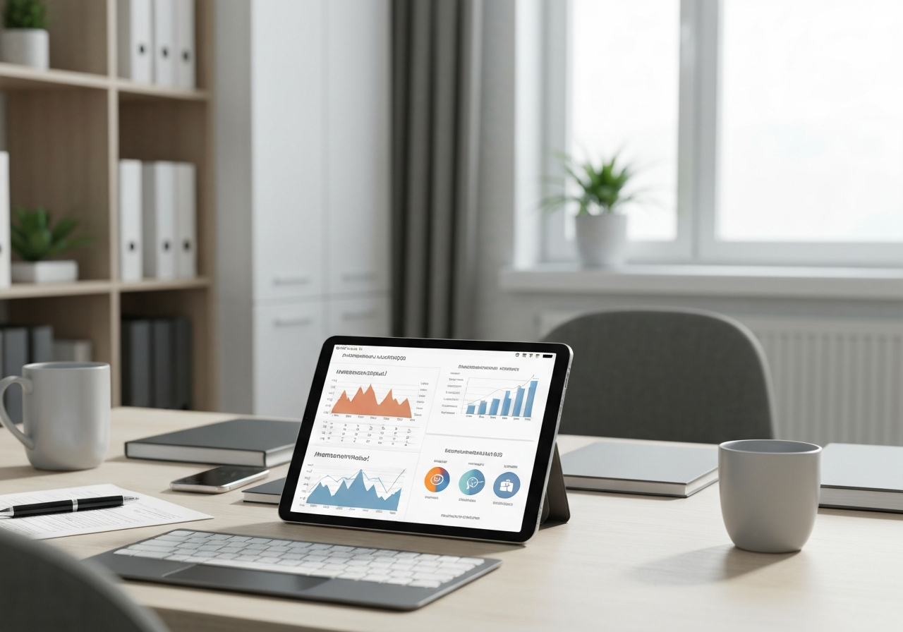 A professional logistics workspace with a tablet showing financial analytics and international shipping documents, clean modern office environment, editorial photography, soft natural light, 85mm lens, highly detailed, no text, no letters