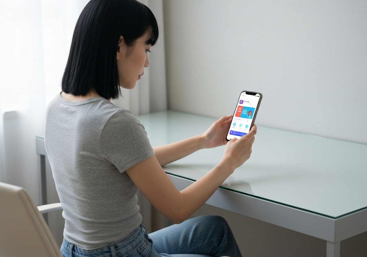 A focused person looking at a smartphone screen showing a delivery tracking app, modern minimalist home office environment, clean aesthetic, soft natural daylight, shallow depth of field, 85mm lens, no text, no words, no letters.
