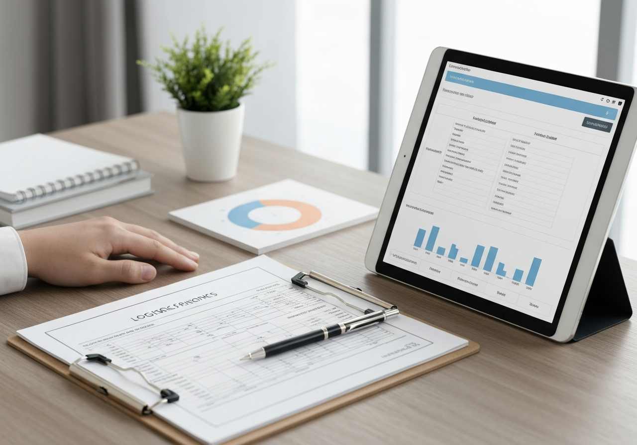 A professional desk environment with a clipboard, shipping documents, and a tablet showing a logistics tracking interface, modern clean aesthetic, editorial photography, soft natural light, 85mm lens, highly detailed, no text, no words, no letters.
