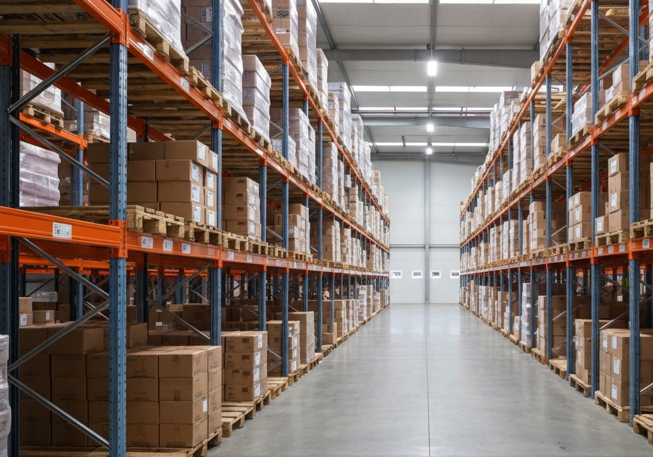 A professional logistics warehouse interior with organized packages, minimalist and clean aesthetic, editorial photography, soft natural light, 85mm lens, highly detailed, no text, no letters