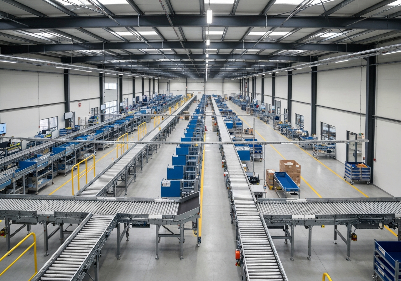 Aerial view of a modern logistics sorting facility in Prostějov with automated conveyor belts, clean industrial design, premium editorial photography, soft natural light, 85mm lens, highly detailed, no text, no letters