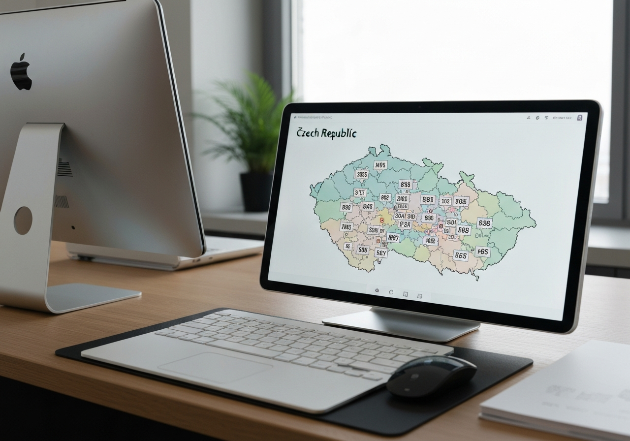 A high-end, modern office workspace featuring a digital tablet displaying an interactive map of the Czech Republic with postal code zones highlighted, clean minimalist design, professional editorial photography, soft natural lighting, 85mm lens, high resolution, no text, no letters