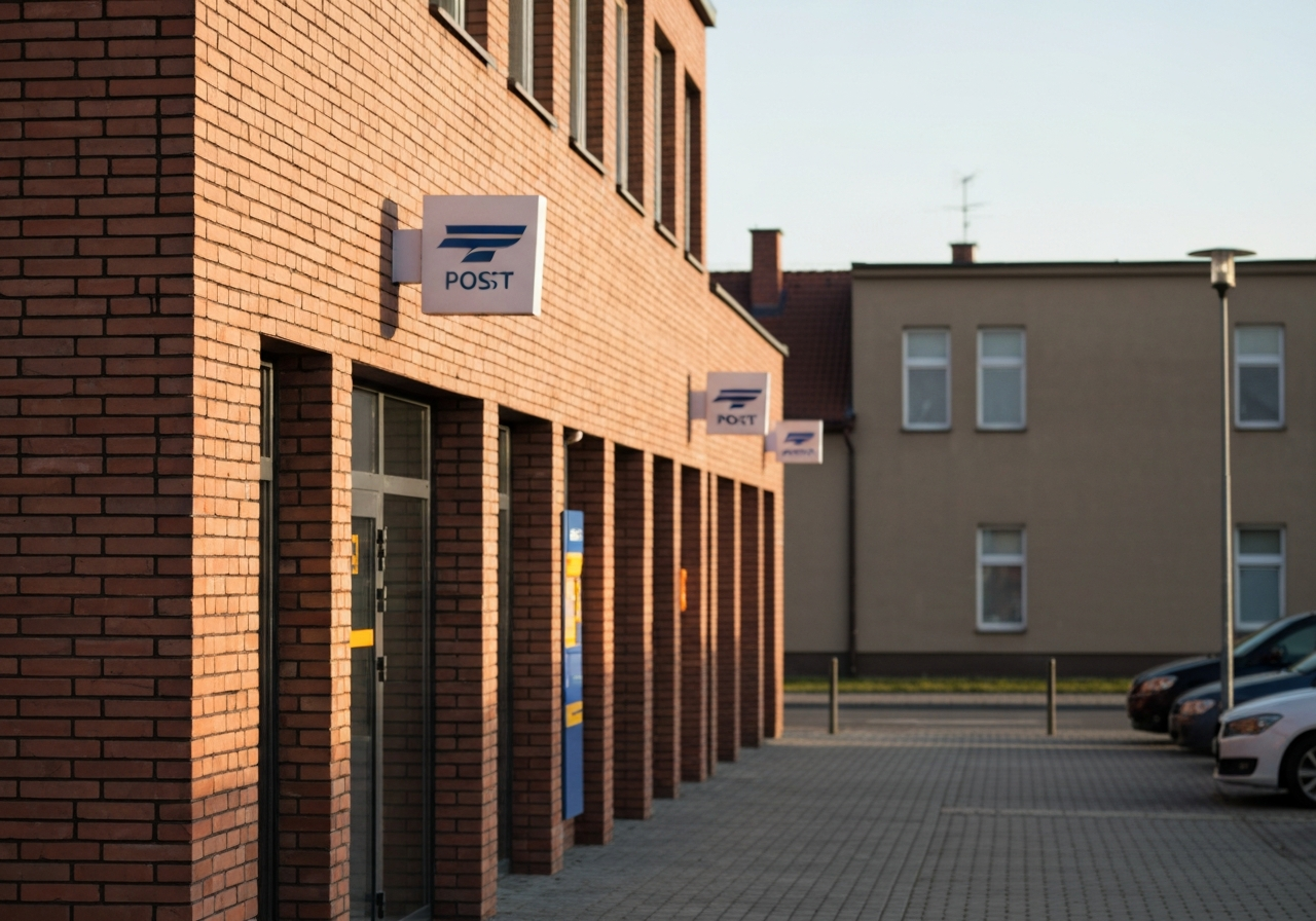 A professional shot of a modern Czech post office exterior in a calm town, brick architecture, clean signage, soft morning natural light, 85mm lens, high resolution, no text, no letters