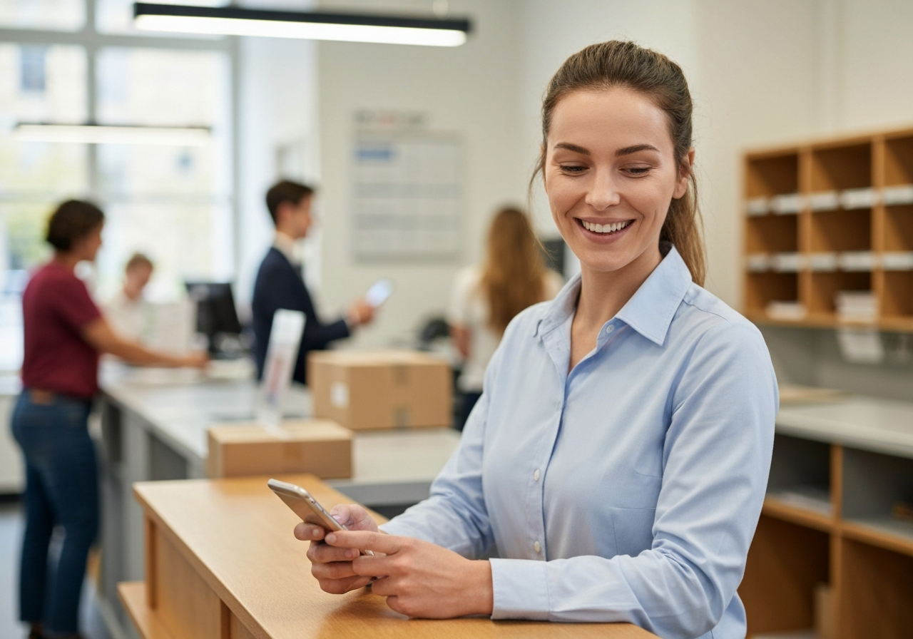 A high-quality editorial shot of a person using a smartphone to track a package near a traditional postal counter, modern and clean aesthetic, blurred background of a post office interior, soft natural light, 85mm lens, high resolution, no text, no letters.