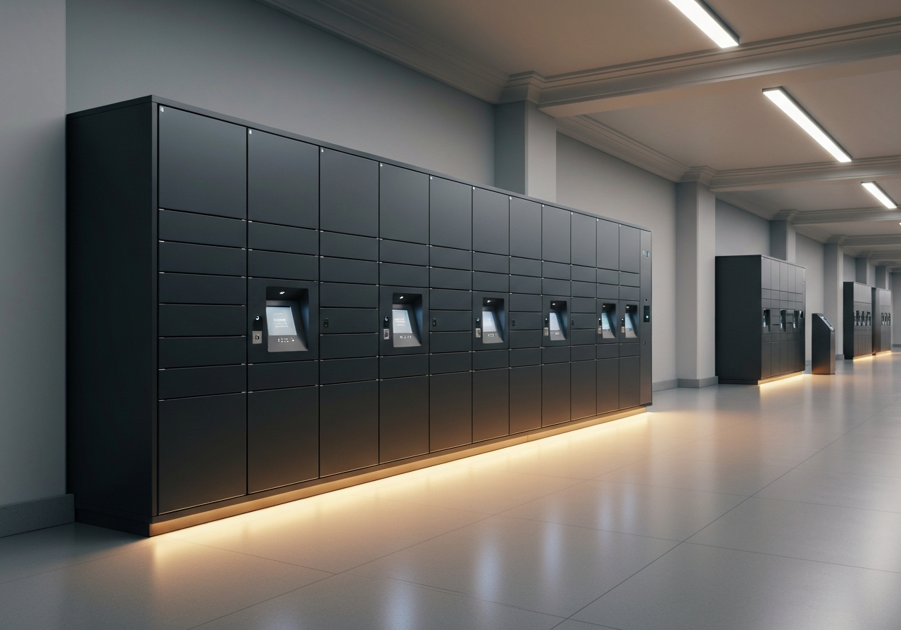 A sleek, modern automated luggage storage locker system located in a clean, minimalist train station hallway, warm interior lighting, cinematic perspective, depth of field, high resolution, no text, no words, no letters