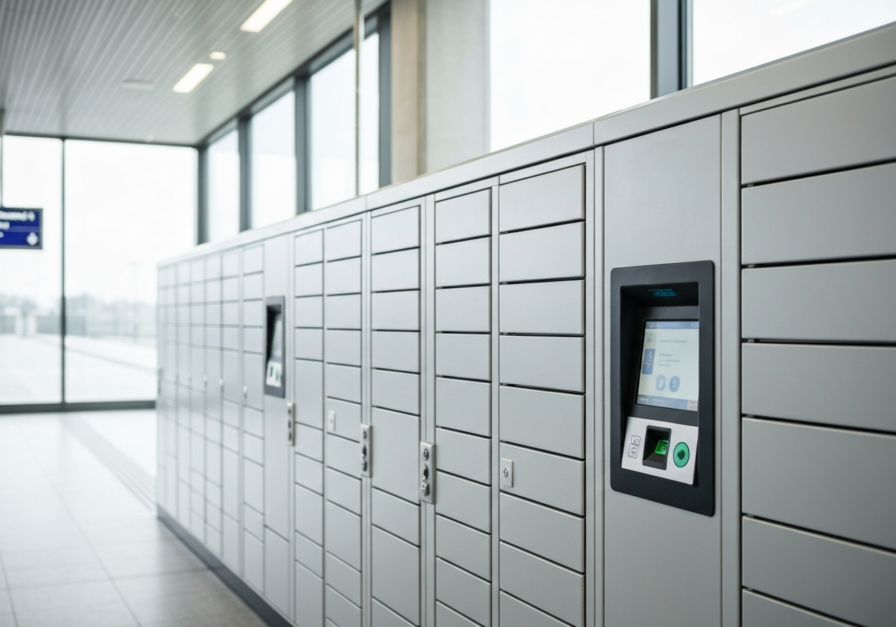 Modern automated luggage locker bank at a European train station, clean interior architecture, high-tech interface displays, soft natural light streaming through windows, depth of field, 85mm lens, premium industrial design, no text, no words, no letters