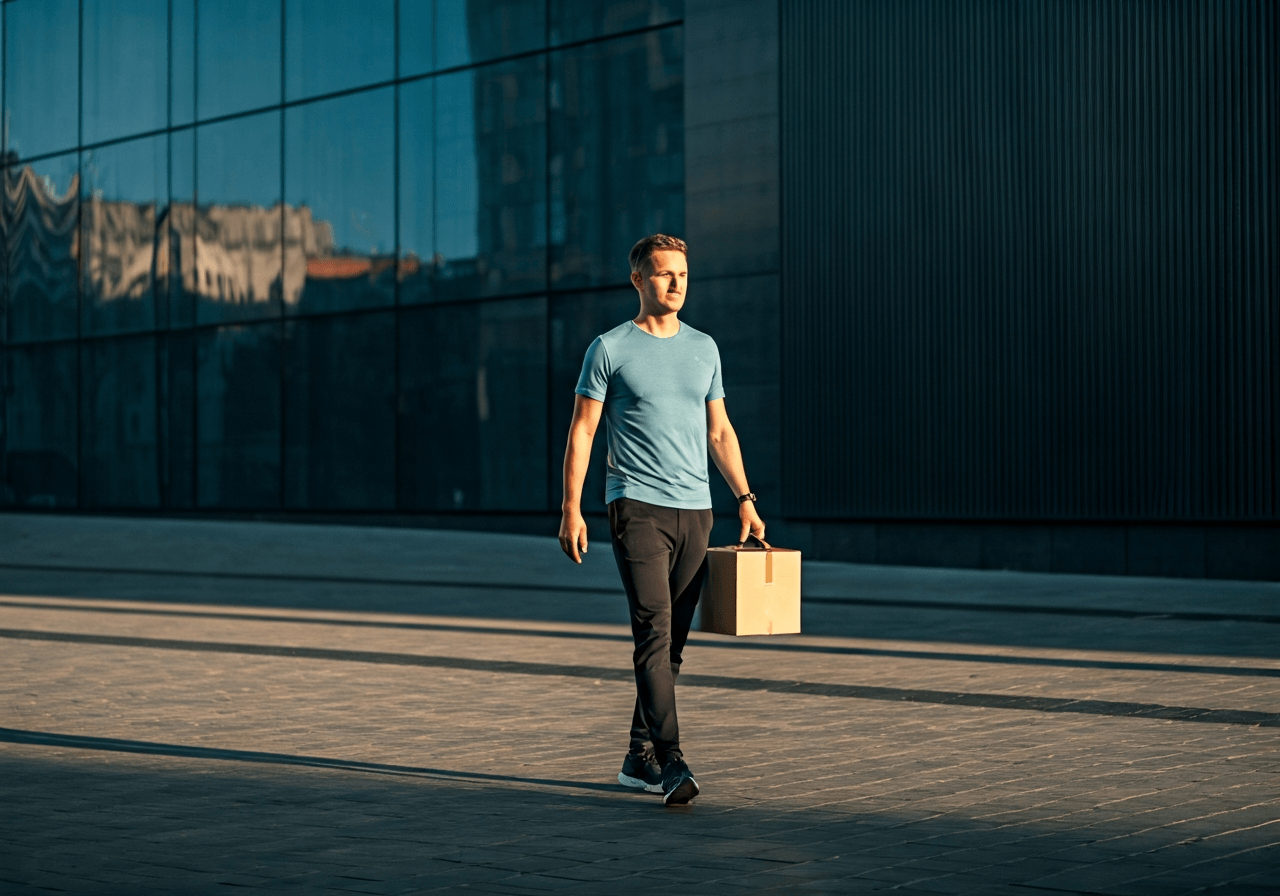 A healthy, fit person walking confidently through a clean, modern Trutnov city street, carrying a small parcel, soft morning natural light, editorial photography style, 85mm lens, high quality, no text, no words, no letters