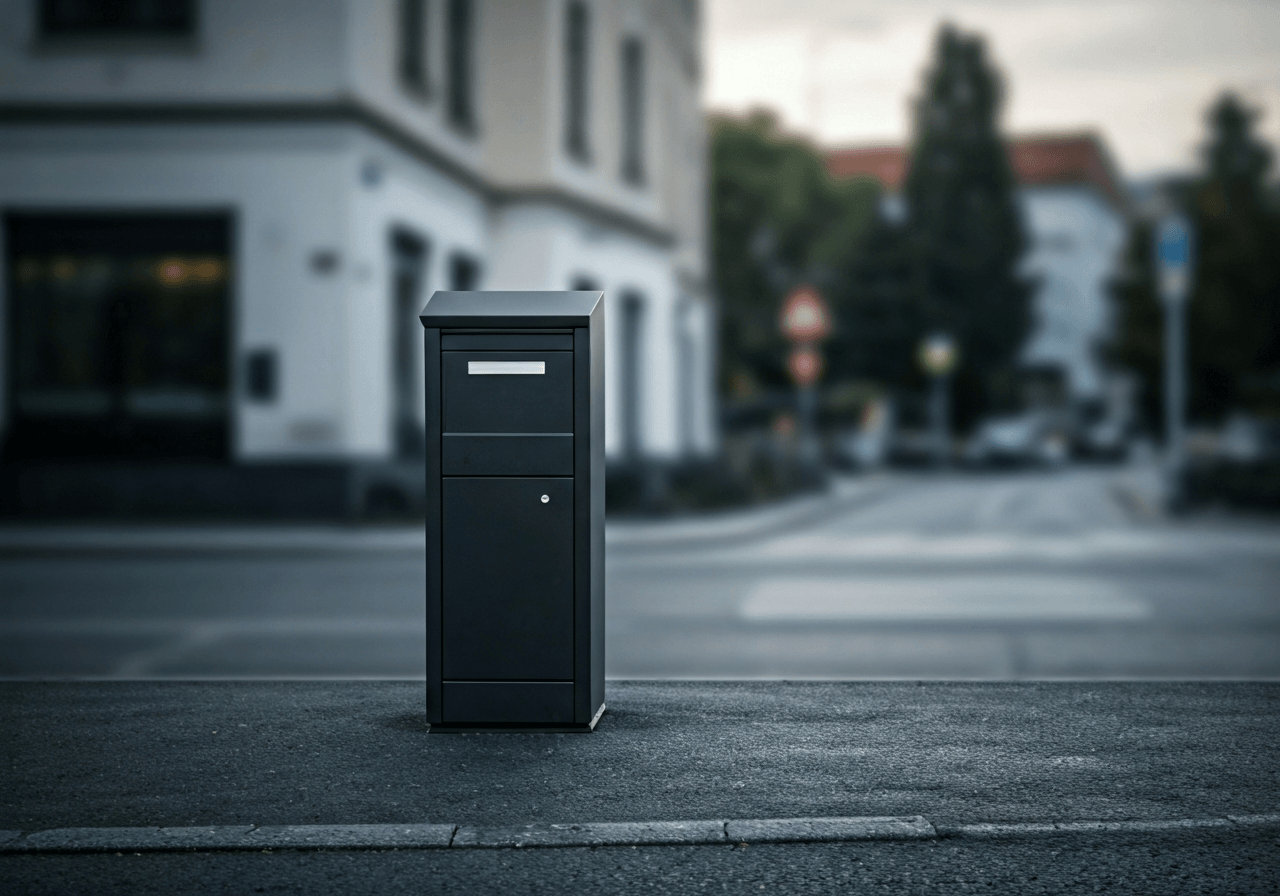 A modern, sleek PPL Parcelbox located on a clean, paved city street in Trutnov, editorial photography, soft natural light, depth of field with blurred urban background, 85mm lens, premium look, no text, no words, no letters.