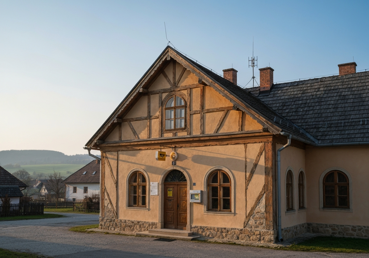 Exterior view of a traditional yet well-maintained post office building in a rural Czech village, architectural photography, soft natural light, 85mm lens, high detail, no text, no letters