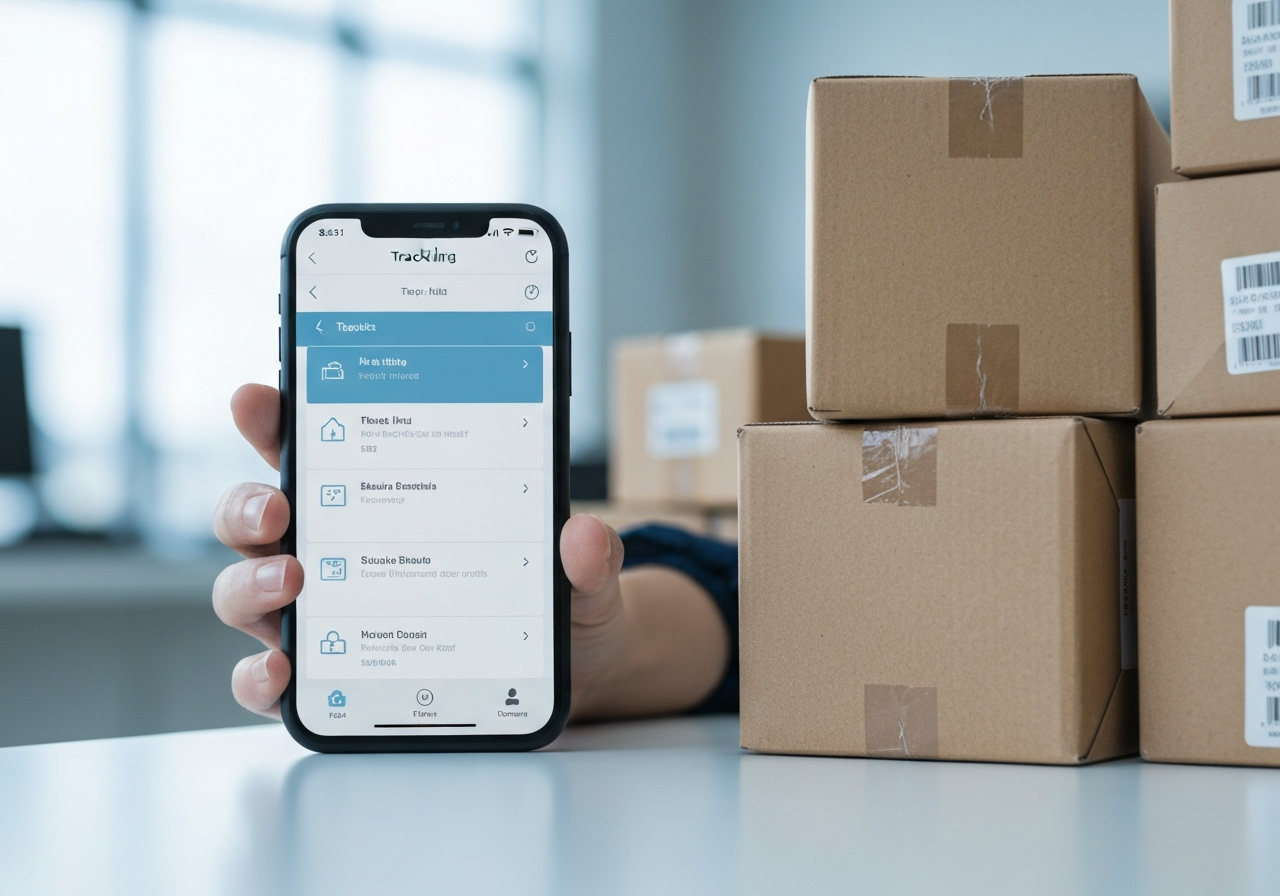 A professional close-up shot of a smartphone displaying a tracking app interface next to a neatly arranged stack of parcels, modern post office interior, soft natural light, 85mm lens, high resolution, minimalist aesthetic, no text, no words, no letters