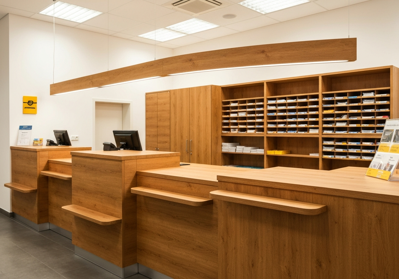 A professional, clean, and modern Czech post office counter interior with wooden textures and organized parcel shelves, soft natural light, editorial photography style, 85mm lens, high detail, no text, no words, no letters.
