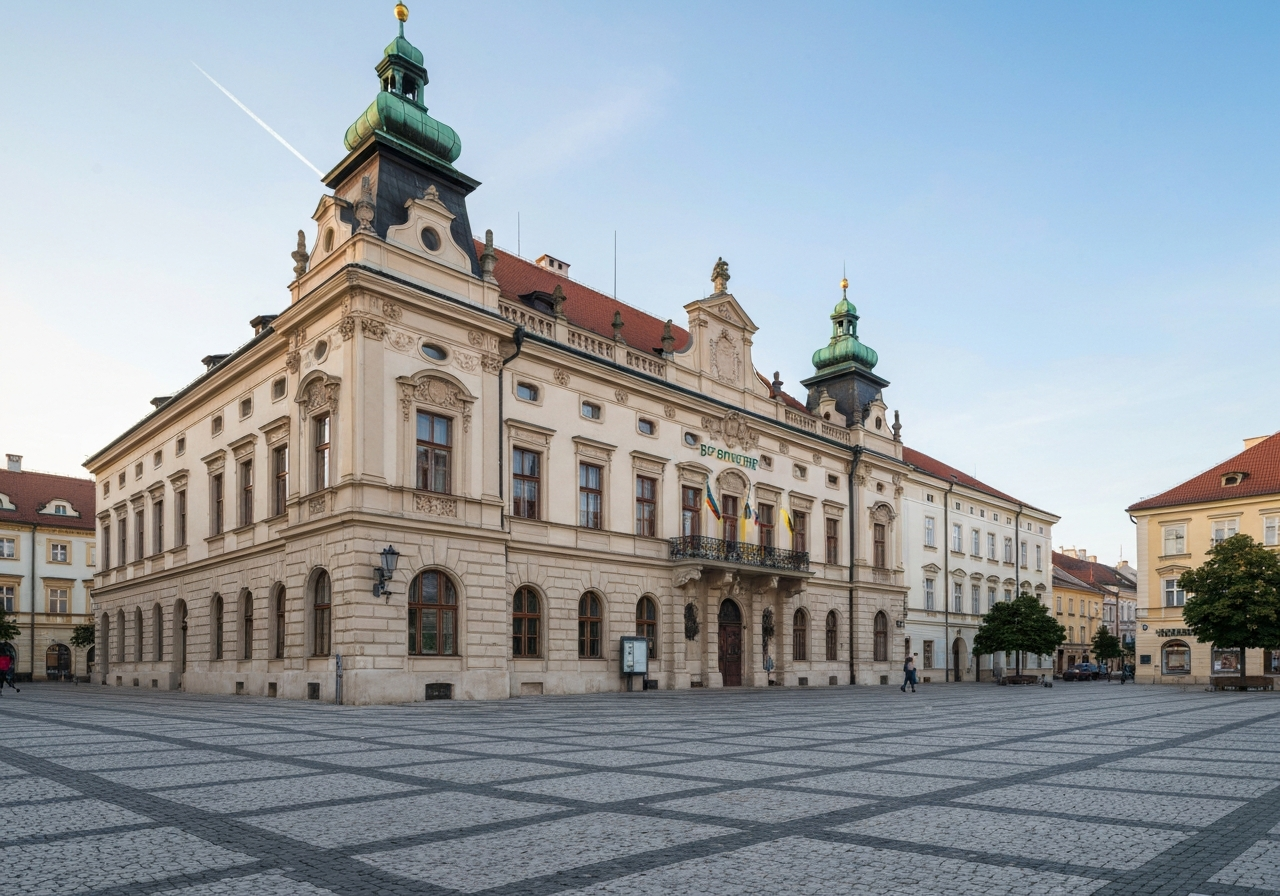 Editorial photography, the exterior of a classic Czech post office building on a town square, authentic architecture, soft natural morning light, high resolution, 85mm lens, no text, no words, no letters
