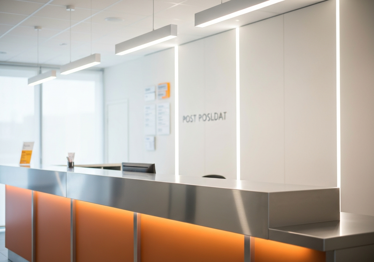 A professional, clean front desk of a modern post office in Volyně, polished surfaces, bright and airy atmosphere, soft natural light, 85mm lens, depth of field, minimalist interior design, no text, no words, no letters