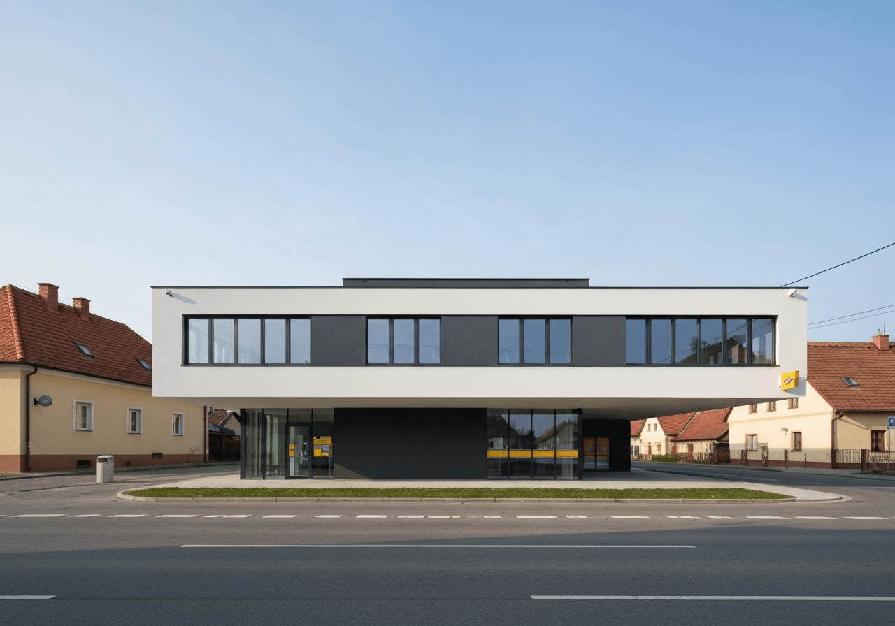 A modern, clean exterior of a Czech post office building in a rural town, sunny day, professional architectural photography, soft natural light, 85mm lens, highly detailed, no text, no letters