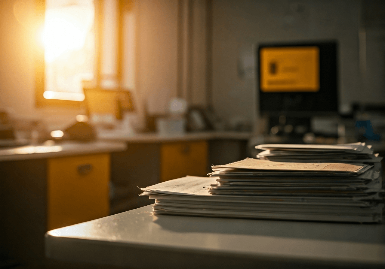 A close-up of a professional post office counter in a clean, modern building in a small town, sunlight streaming through a window illuminating envelopes and parcels, editorial photography style, 85mm lens, high quality, no text, no letters.
