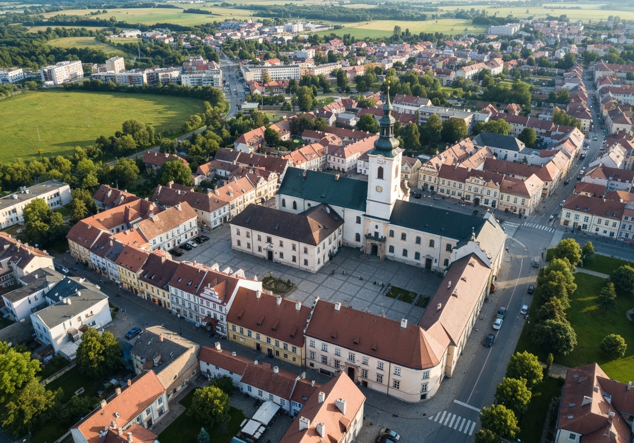 Aerial view of the historic town square of Usti nad Orlici surrounded by lush greenery, modern city planning, editorial architecture photography, soft morning natural light, 85mm lens, highly detailed, no text, no words, no letters