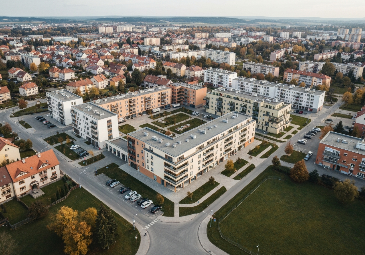 Aerial view of a modern Czech town with distinct residential districts and urban infrastructure, editorial photography, soft natural light, 85mm lens, high resolution, no text, no letters
