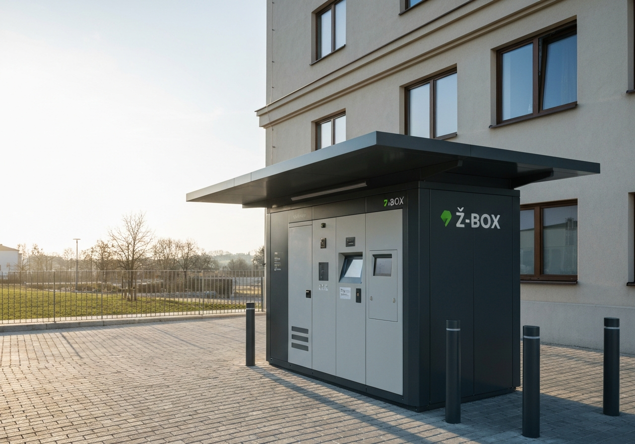 A modern Z-BOX parcel terminal located in a clean, sunny public space in Uhersky Brod, soft natural light, editorial photography style, 85mm lens, high detail, no text, no words, no letters.