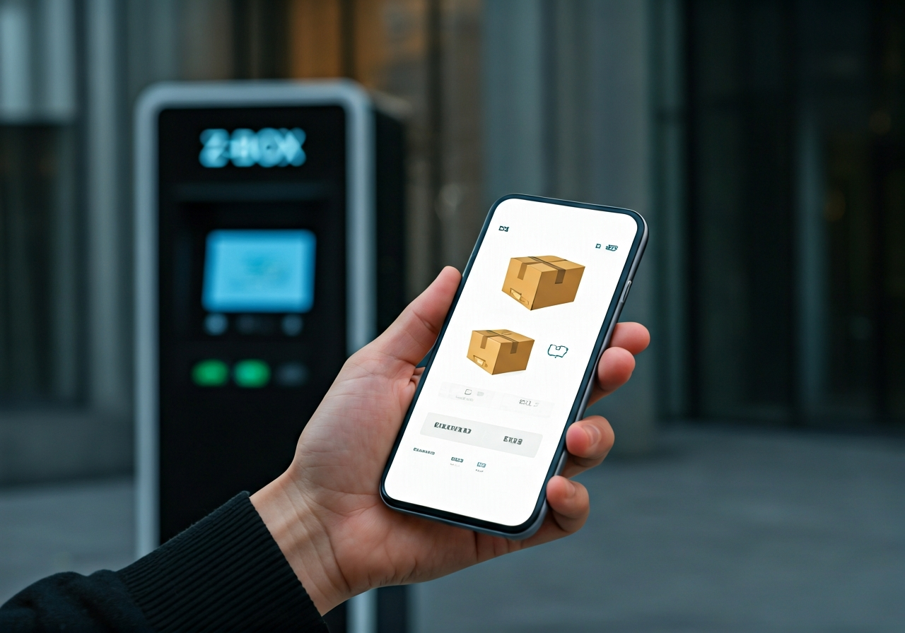 A person holding a smartphone showing a parcel delivery interface in front of a modern Z-BOX terminal, urban background, editorial photography, soft natural light, 85mm lens, sharp focus, no text, no words, no letters