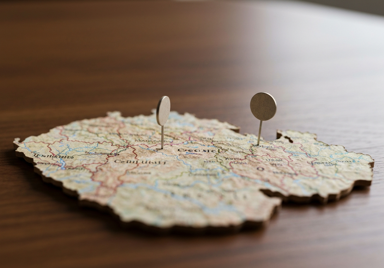 Editorial photography, close-up of a high-quality physical map of the Czech Republic with two distinct pins placed on different regions, clean wooden surface, soft natural lighting, 85mm lens, depth of field, no text, no words, no letters