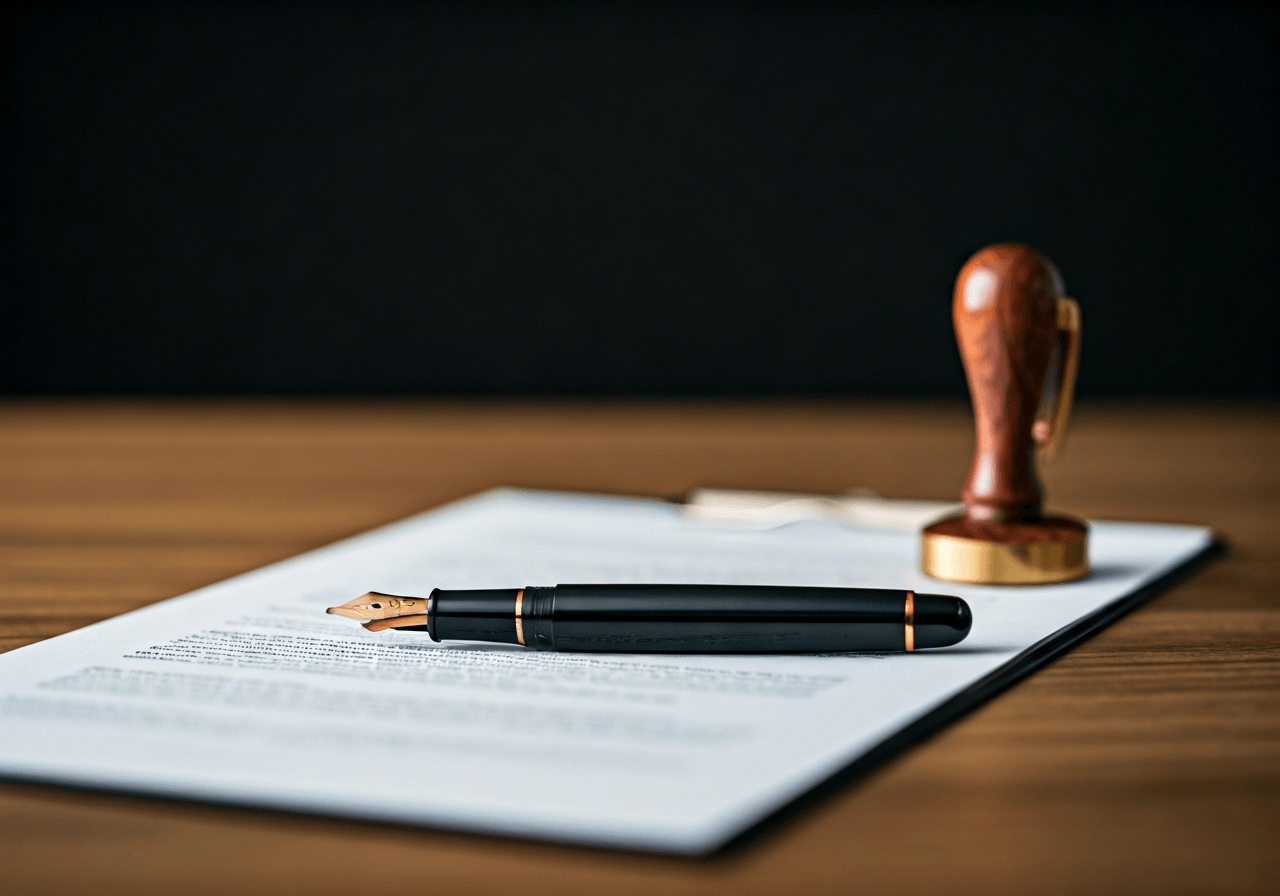 Close-up of a fountain pen resting on a formal legal document with a professional stamp, modern clean wooden desk, editorial photography, soft natural light, 85mm lens, highly detailed, no text, no words, no letters