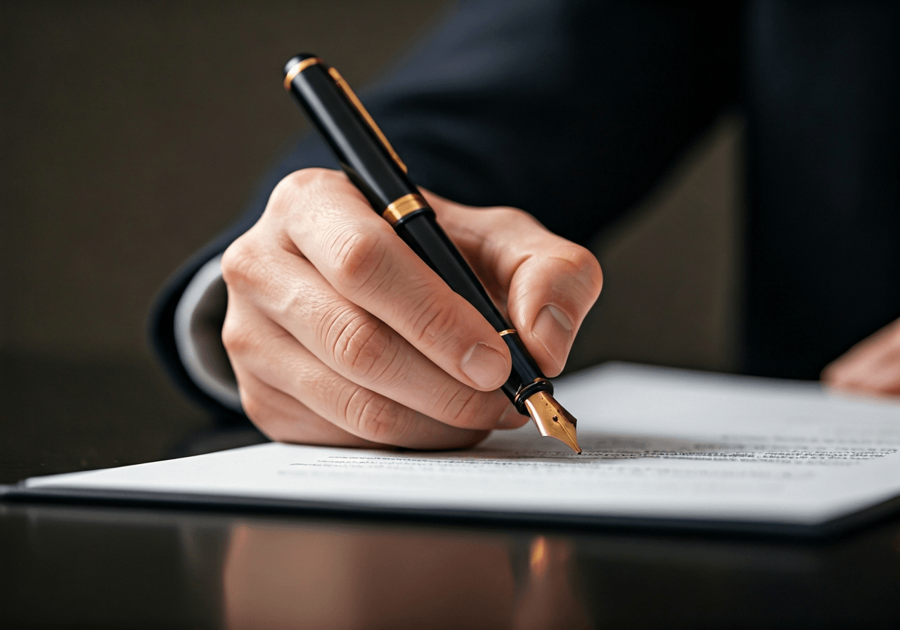 A close-up of a professional hand signing a document with a classic fountain pen, clean office environment, focus on the pen tip, editorial photography, soft natural light, 85mm lens, highly detailed, no text, no letters