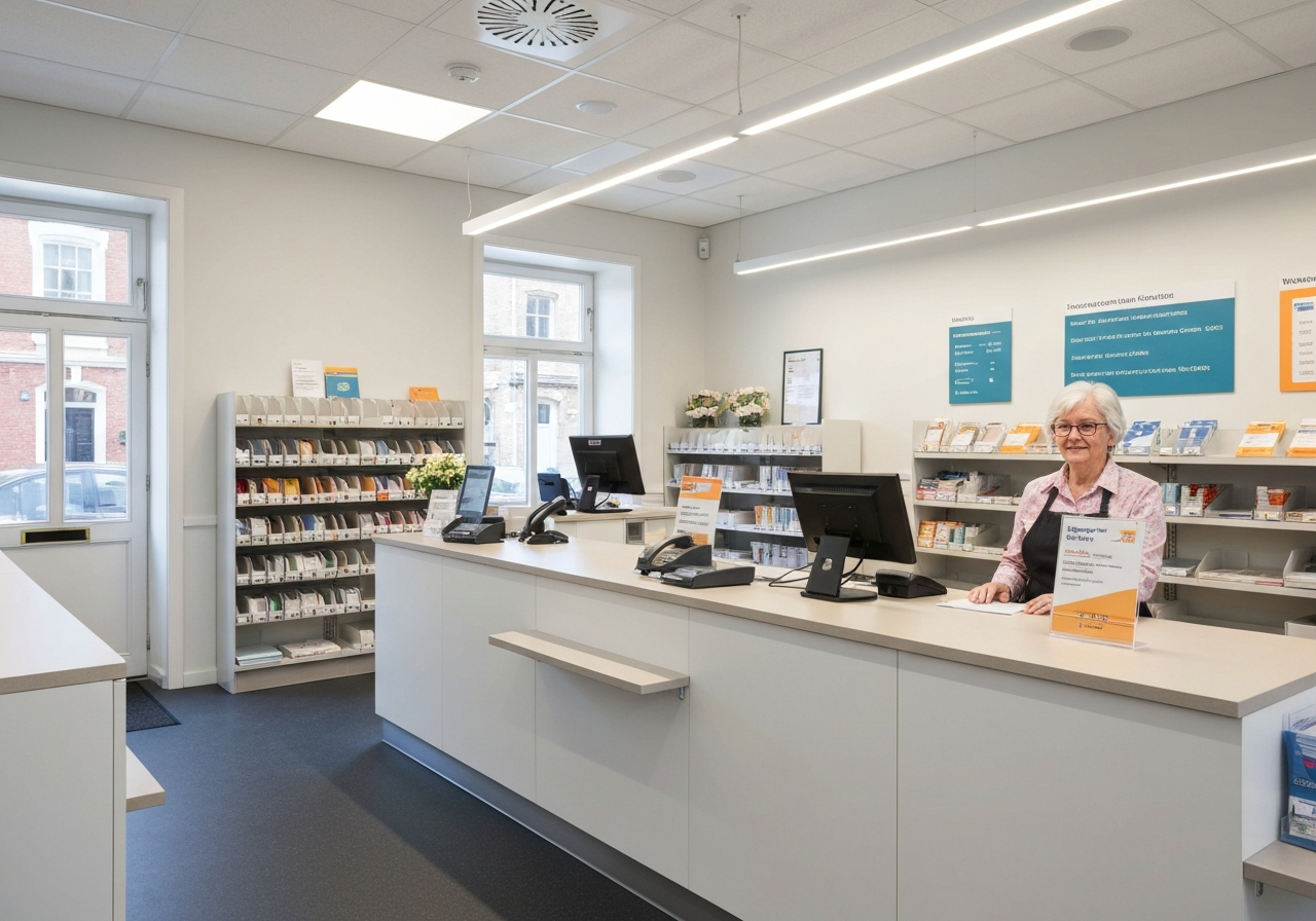 A clean, modern post office interior in a small town, featuring organized parcel shelves and a friendly service counter, professional editorial photography, soft natural light, 85mm lens, minimalist aesthetic, highly detailed, no text, no words, no letters