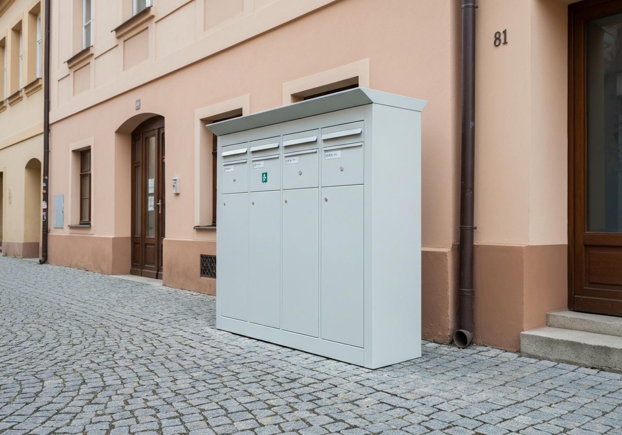 A clean, modern PPL Parcelbox located on a cobblestone street in Zdar nad Sazavou, architectural photography, soft natural daylight, shallow depth of field with 85mm lens, high resolution, no text, no words, no letters.