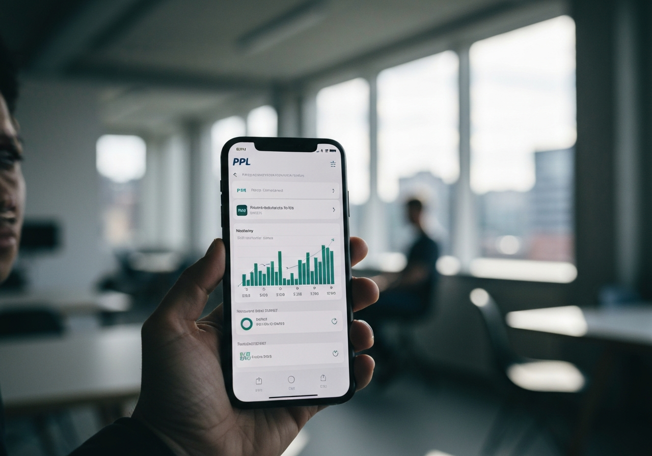 A close-up of a smartphone screen displaying the PPL shipment tracking interface, held by a person in a modern office environment, blurred urban background, professional editorial aesthetic, soft daylight, 85mm lens, high resolution, no text, no letters