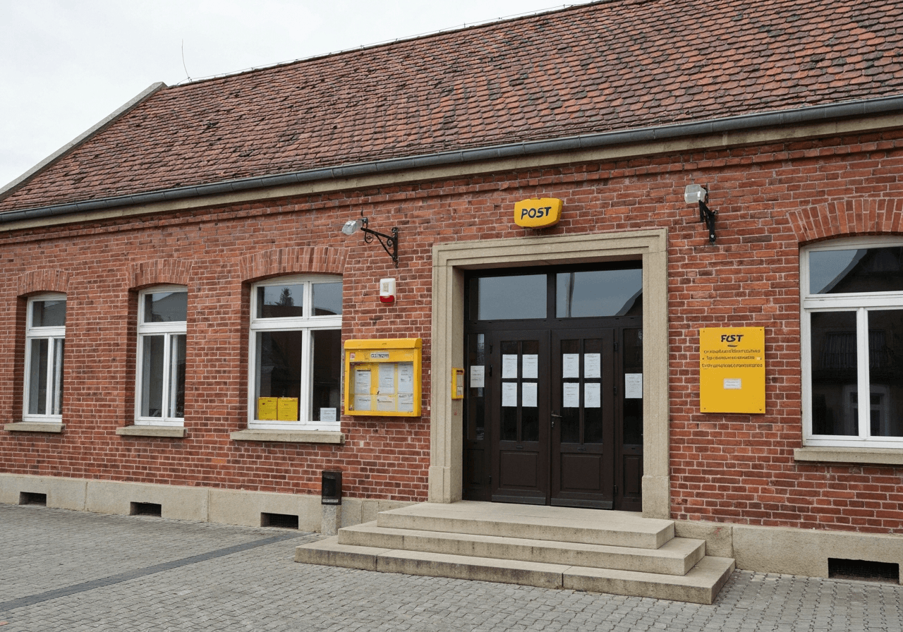 Pošta Zdounky: Funguje bez front? (Test 2026) 2 Editorial photography, the exterior of a traditional brick building serving as a local post office in the village of Zdounky, modern clean aesthetic, soft natural sunlight, 85mm lens, high quality, no text, no words, no letters