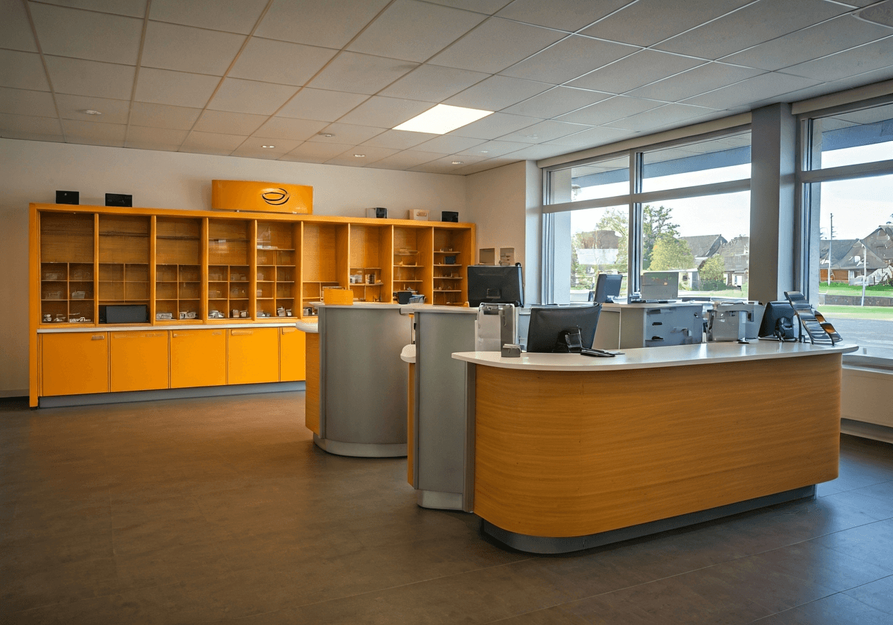 Pošta Zdounky: Funguje bez front? (Test 2026) 3 A professional, bright interior of a modern post office service point in a rural setting, high-end editorial photography, clean lines, warm natural lighting through windows, 85mm lens, focus on organized service counter, no text, no words, no letters.