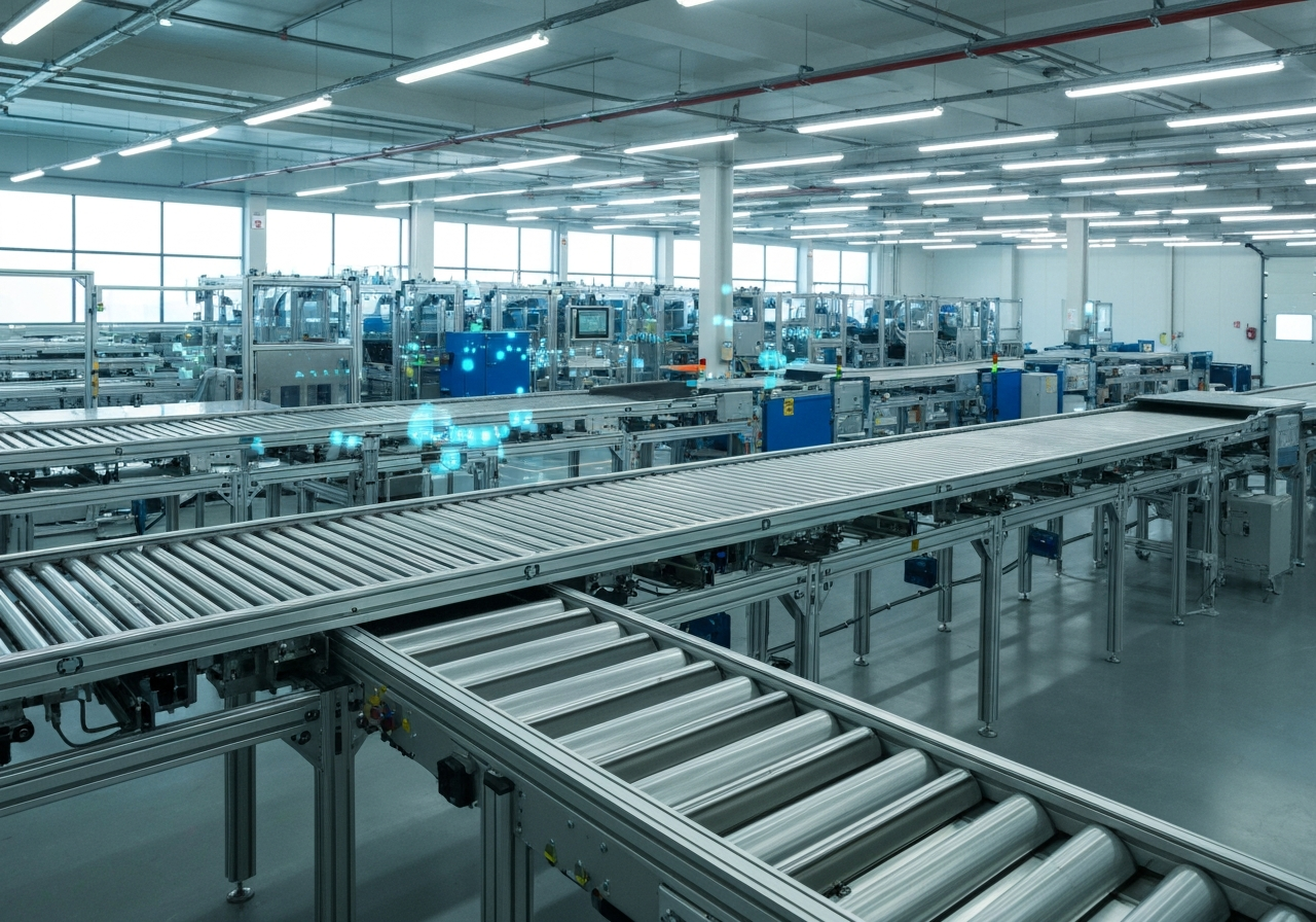 A futuristic logistics warehouse interior with automated sorting belts and glowing digital nodes, modern clean aesthetic, editorial photography, cinematic soft natural light, 85mm lens, high resolution, no text, no words, no letters