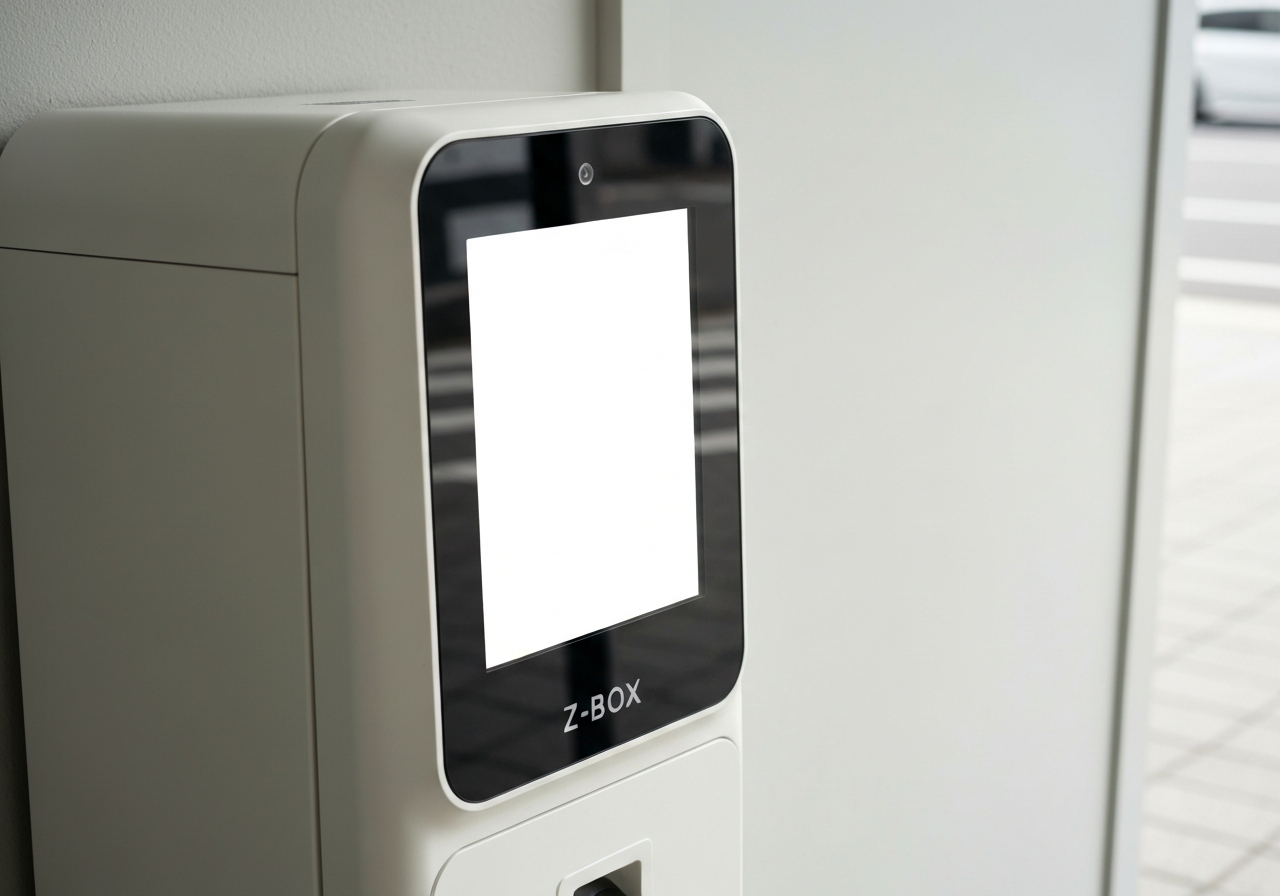 A sleek, modern automated Z-BOX terminal in a minimalist urban setting, soft natural light, editorial photography, high-end design, 85mm lens, no text, no words, no letters