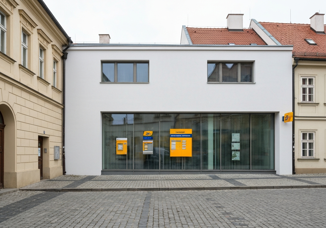 A modern, clean exterior shot of a local post office branch in a historic Czech town, soft natural daylight, professional editorial photography, 85mm lens, high resolution, no text, no words, no letters