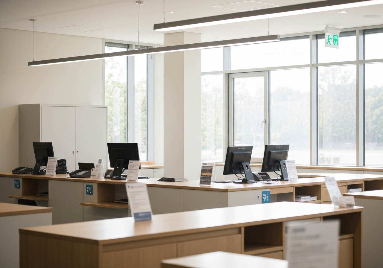 A professional, modern post office interior, blurred background showing organized service counters, soft natural sunlight entering through large windows, high-end editorial photography style, 85mm lens, minimalist and clean aesthetic, no text, no letters, no people.